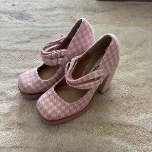 Steve Madden Womens Pink White Gingham Twice Mary Jane Platform Pumps Heel 5.5